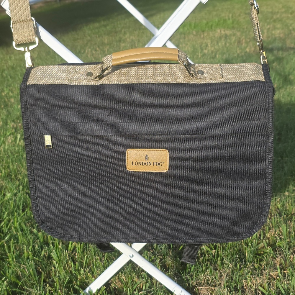 London Fog Messenger Bag Black Canvas Laptop Briefcase Tan Trim Shoulder Strap